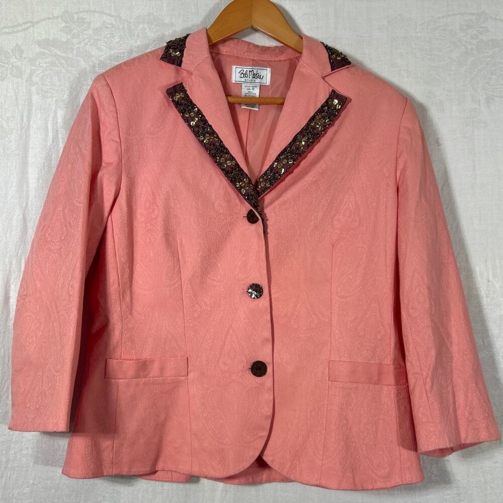 Bob Mackie Blazer 12 Coral Monochromatic Paisley Brown Sequin Beaded Collar Art
